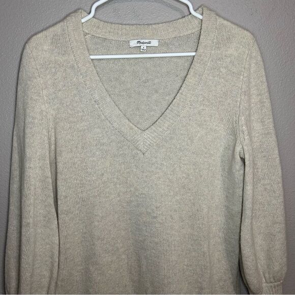 Madewell Neutral Wool Blend Bubble Sleeve V Neck Knit Sweater Dress size Small - Picture 4 of 8